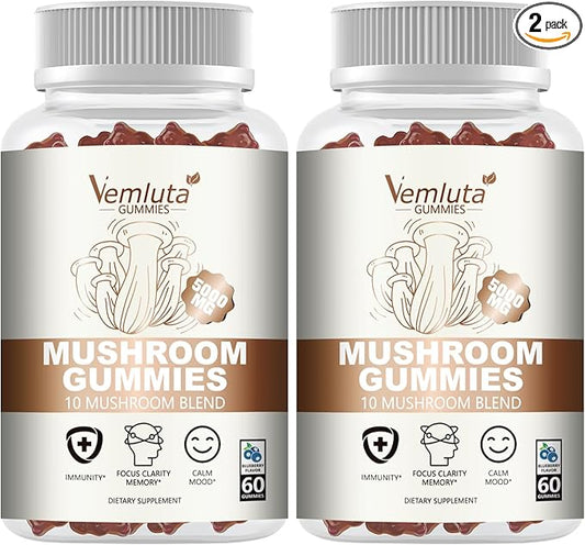 2 Packs 5000MG Mushroom Gummies -10 Blend Organic Mushroom Supplement containing Lion's Mane and Reishi for Brain and Immune Boosting, Blueberry Flavor, Non-GMO, 120 Counts