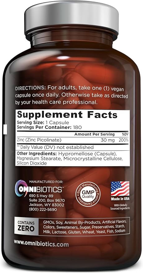 OmniBiotics Zinc Picolinate 30mg Supplement – High Absorption Zinc for Immune System, Healthy Skin, and Energy Support – 180 Vegan Capsules