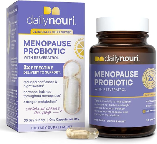 Nouri Daily Menopause Probiotic | Supports Hormonal Balance, Estrogen, Hot Flashes, Night Sweats, Bloating & Gut Health | 3 Clinically Studied Strains + Resveratrol & Vegan Omega Oil | 30-Day Supply