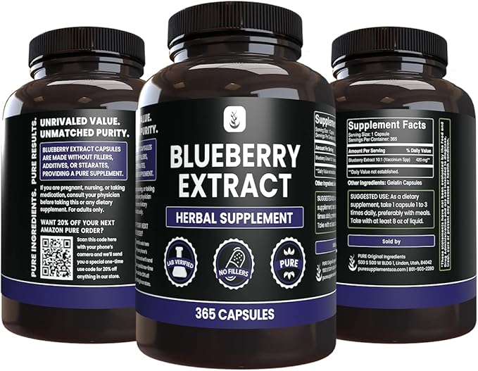 PURE ORIGINAL INGREDIENTS Blueberry Extract (365 Capsule), No Magnesium Or Rice Fillers, Always Pure, Lab Verified