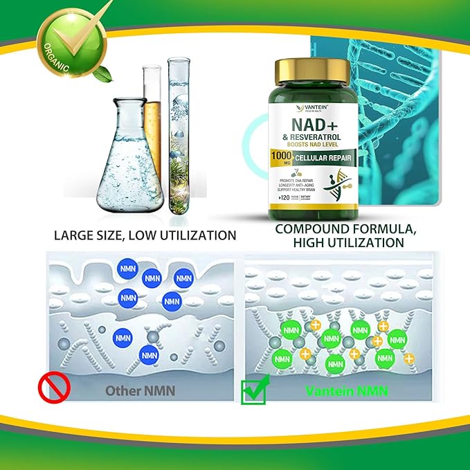 NAD+ & Resveratrol Supplement - NMN Alternative with 120 Capsules, Anti-Aging Cellular Support, Energy & Longevity Booster, DNA Repair Formula
