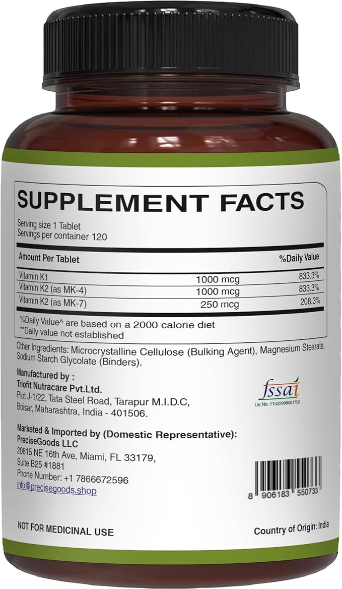 Pure Nutrition Vitamin K Complex K1 + K2 | 2250 mcg | 120 Tab | Full Spectrum K Vitamin Supplement with K1 1000mcg, K2 as MK4 1000mcg + K2 as MK7 250 mcg | Non GMO | Gluten Free