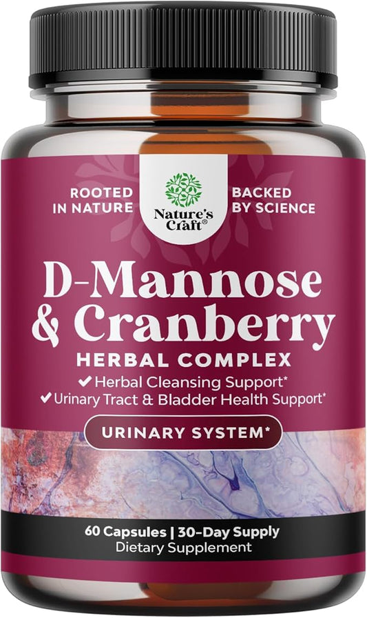 D Mannose with Cranberry Supplement - Potent D Mannose 1000mg Capsules for Kidney Defense Support & Cleanse and Urinary Tract Health for Women & Men - Bladder Health Supplement for Adults - 60 Count