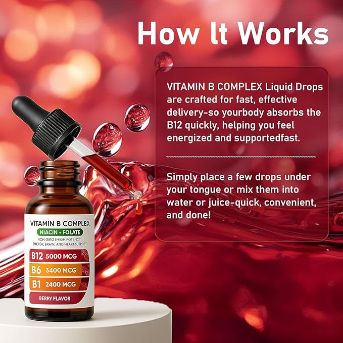 Vitamin B Complex | B12 B6 B1 B3 B9, Essential Vitamin Liquid Drops for Immune & Energy Metabolism, Brain & Heart Support, Raspberry Flavor 2fl oz