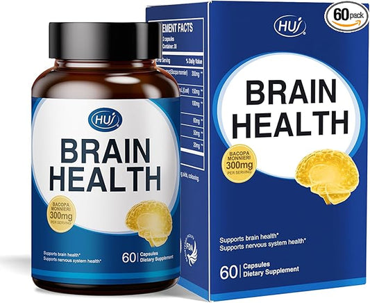 HUJ Brain Health - Brain Supplements for Memory and Focus - Brain & Nervous System Health Support with Bacopa, Phosphatidylserine, Ginkgo Biloba, Rosemary, Walnut Peptide, Nervonic Acid - 60 Capsules