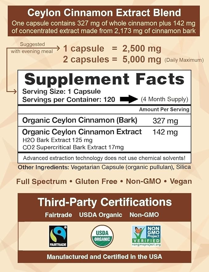 CinnaGuard™ Organic Ceylon Cinnamon Supplement 2500mg per Capsule | Extra Strength | 4 Month Supply | 120 Count - Non-GMO & Gluten Free Antioxidant