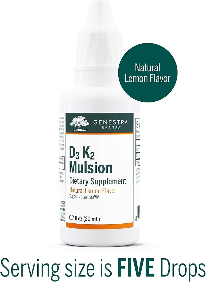 Genestra Brands D3 K2 Mulsion - Liquid Vitamins for Bone Health - Natural Lemon - 122 Servings
