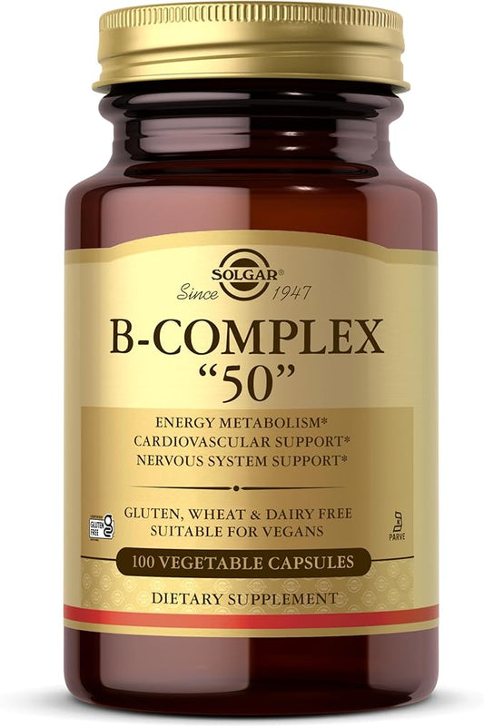Solgar B-Complex “50”, 100 Vegetable Capsules - Energy Metabolism, Cardiovascular Support, Nervous System Support - Non-GMO, Vegan, Gluten Free, Dairy Free, Kosher - 100 Servings