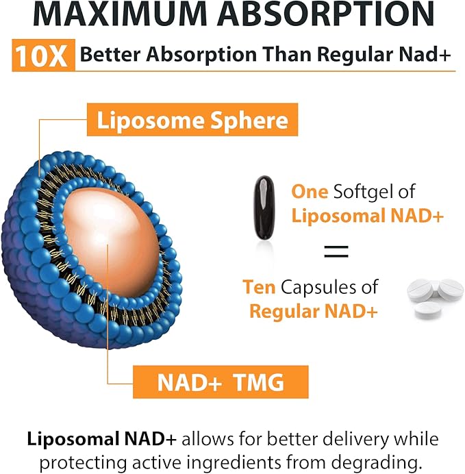 Orgabay Liposomal NAD+ Supplement 500 mg, High Absorption, Boost NAD+ with TMG 250 mg, Actual NAD Plus More Efficient Than Nicotinamide Riboside, Support Cellular Energy, Healthy Aging | 480 Softgels