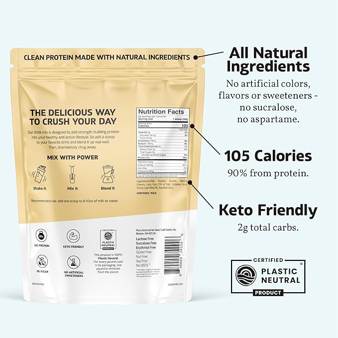 Slate Milk -High Protein Drink Mix Powder -Vanilla Cream,28 Servings Bag - Lactose Free,25g Protein,0g Sugar,105 Calories,2g Carbs,All Natural Ingredients - Breakfast Boost - Post Workout -1.85 lbs