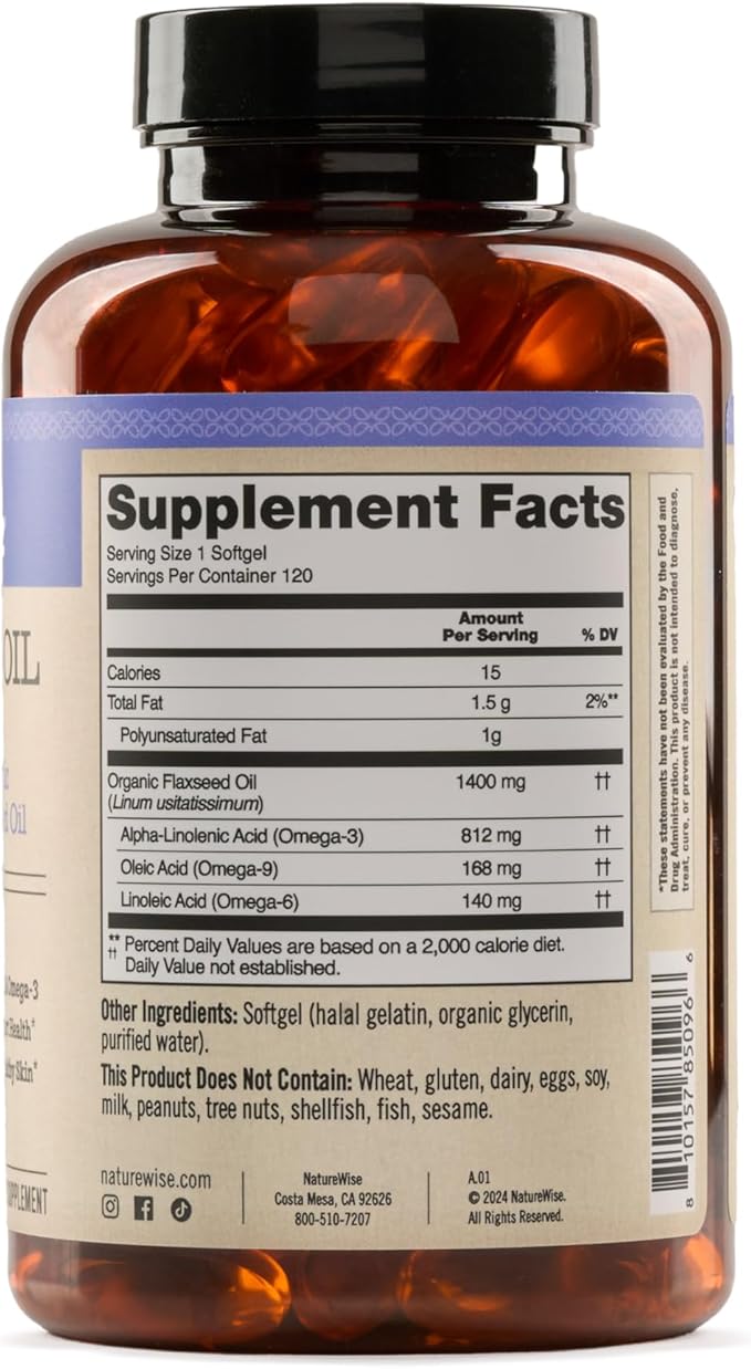 NatureWise Flaxseed Oil 1400 mg, Fish Free, High Potency Omega 3 with 812 mg ALA, Dietary Supplement for Heart Health Support - Organic, Cold Pressed, Non-GMO - 120 Softgels[120-Day Supply]