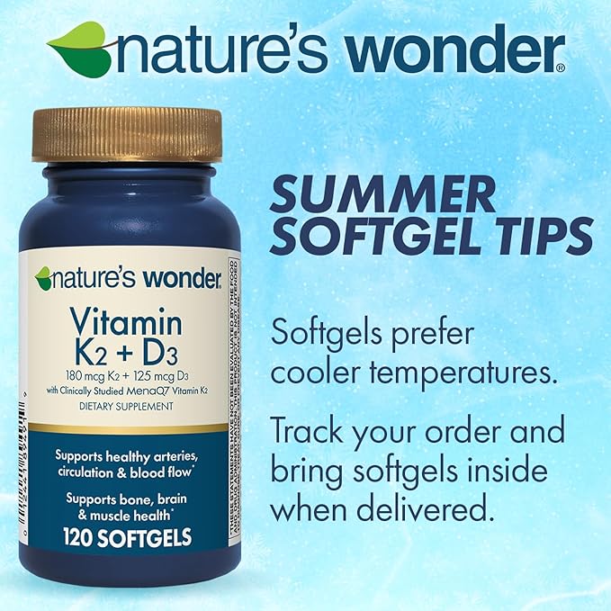 Nature's Wonder Vitamin K2 + D3 with MenaQ7 for Cardiovascular, Brain, Bone and Muscle Health, 120 Softgels, 120 Day Supply