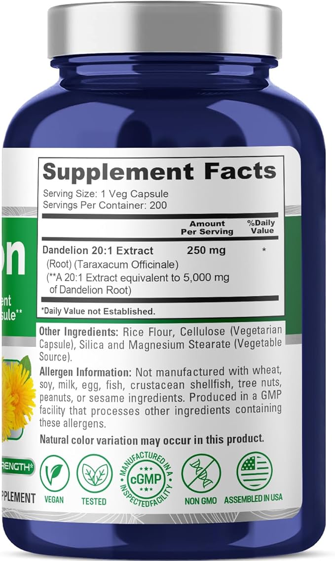 NusaPure Dandelion Root 20:1 Extract, 250 mg Equivalent to 5000mg 200 Veggie Capsules (Non-GMO)