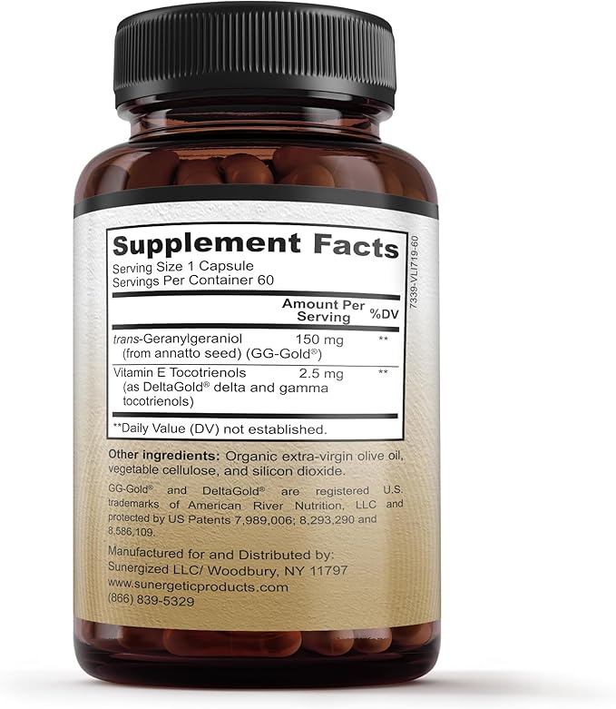 Sunergetic Premium Geranylgeraniol Supplement - GG-Gold 150mg with DeltaGold Vitamin E Tocotrienols- Annatto Derived GG for Statin Users, Heart Health & CoQ10 Production - 60 Capsules