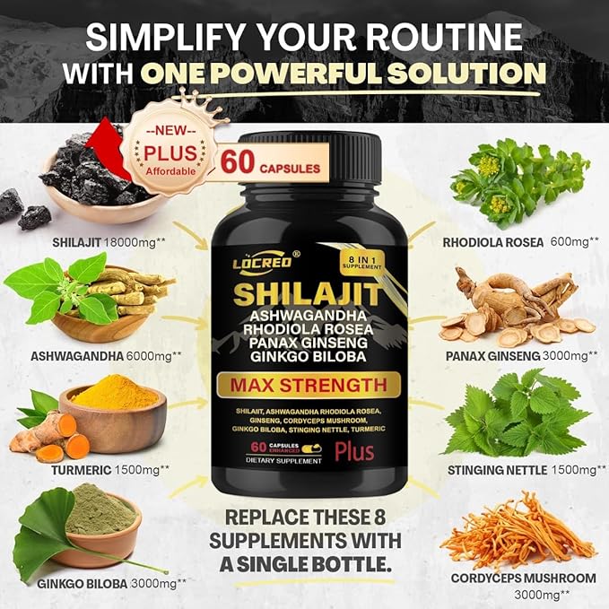 Shilajit Capsules for Men & Women, 8 in 1, with Shilajit 18000 mg, Ashwagandha, Ginseng, Ginkgo, Rhodiola, Cordiceps, Natural Energy & Stamina Supplement for Men, 60 Capsules.