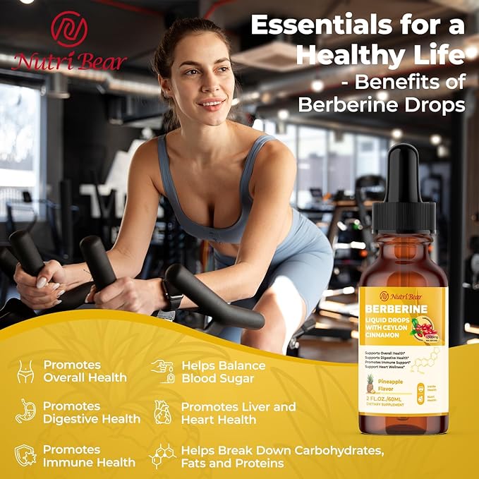 Berberine Supplement with Ceylon Cinnamon, Berberine HCL Liquid Drops with Turmeric, Bitter Melon, Quercetin, 10X Strength AMPK for Digestion System, Immune Health Support -Vegetarian, 2 fl oz
