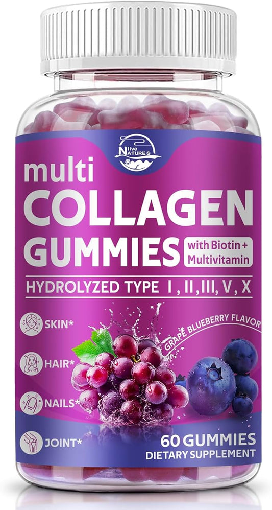 Nature's live Multi Collagen Peptides Gummies, Type I, II, III, V, X - Hydrolyzed Collagen Peptides Gummies, Supports Healthy Skin, Strong Nails & Thick Hair, Grape Blueberry Flavor, 60 Count