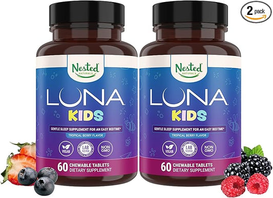 Nested Naturals Luna Kids Sleep Aid Tablets for Children 4+ - Naturally Sourced Ingredients - Gentle, Herbal Supplement with Chamomile, Melatonin, Valerian & Lemon Balm - 120 Chewable Tablets