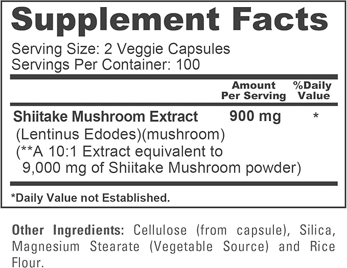 NusaPure Shiitake Mushroom 10:1 Extract, 900 mg Equivalent to 9000mg 200 Veggie Capsules (Non-GMO, Vegan)