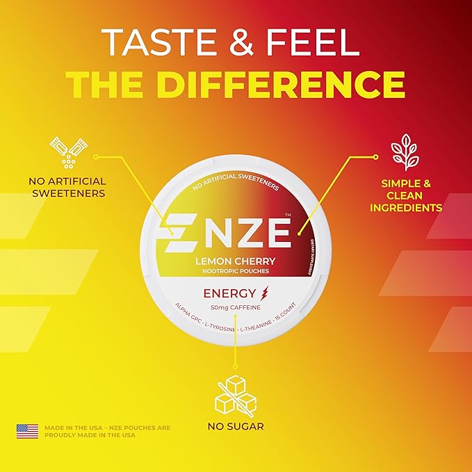 NZE Caffeine Nootropic Pouches (Lemon Cherry) - Energy Pouches with 50mg Caffeine, Alpha GPC, L-Tyrosine & L-Theanine No Sugar or Artificial Sweeteners - 15 Nicotine Free Pouches Per Can - 5 Pack