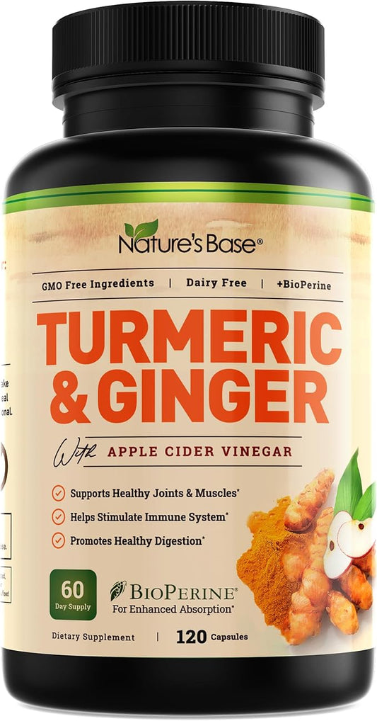 Nature's Base Turmeric and Ginger Supplement - with Curcumin, Apple Cider Vinegar & BioPerine Black Pepper Extract - 95% Curcuminoids - 120 Capsules