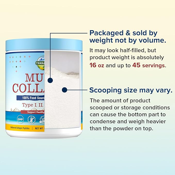 Terranics Multi Collagen Peptides Powder, Type I II III V X Hydrolyzed Collagen for Women+Men, Collagen Supplements for Skin Nail Hair, Fast Dissolve, Unflavored Colageno, No Sugar, Keto, 16oz