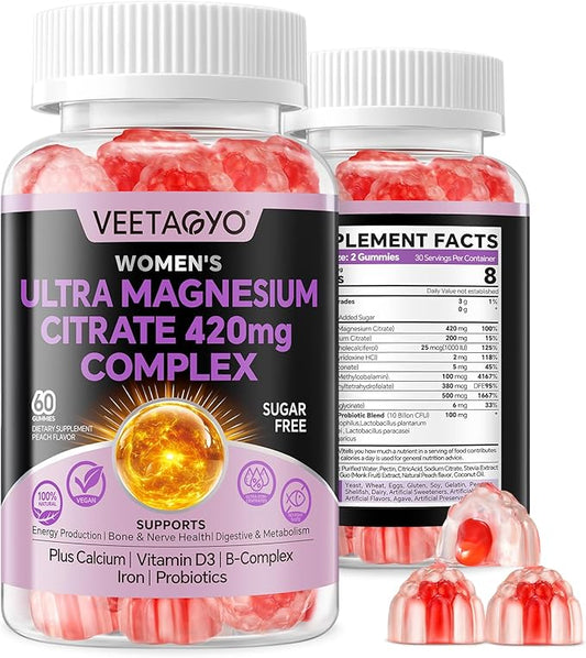 Magnesium Citrate Gummies 420mg for Adult - Dual Layer - w/10 Billion CFU - 5 Strains Probiotics & Calcium, D3, Biotin, Iron, B6, B12, Folate, Support for Bone, Nerve, Relaxation, Muscle - Vegan 60Cts