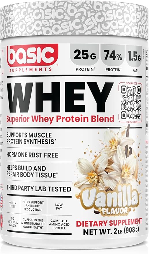 Whey Protein Powder, 25g Protein, Complete Amino Acid Profile, Gluten-Free, Low Fat, RBST-Free, Supports Muscle Recovery & Antibody Health (2 Pound, Vanilla)