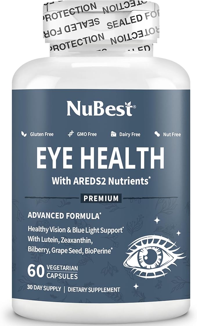 NuBest AREDS 2 Eye Vitamins with Beta Carotene Carrot Powder, 20mg Lutein, 4mg Zeaxanthin, Bilberry, Grape Seed, BioPerine, B-Complex, Multivitamin for Eye Health | 60 Vegan Capsules | 1 Month Supply