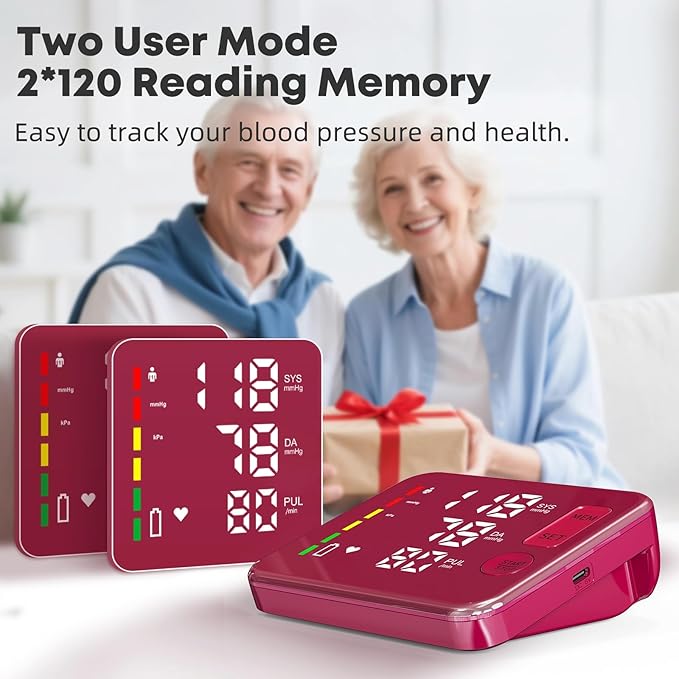 Blood Pressure Monitor Upper Arm Blood Pressure Monitors for Home Use Large Screen Rechargeable Bp Machine with 8.7"-16.5" Bp Cuff, 2x120 Memory, Voice Broadcast Bp Monitor(Red)
