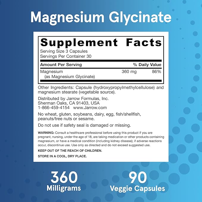 Jarrow Formulas Magnesium Glycinate Veggie Capsules - 360 mg Magnesium per Serving, Supports Relaxation and Healthy Sleep, 90 Count, 30 Day Supply