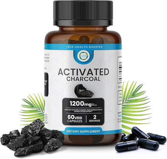 Activated Charcoal Capsules 1200 MG, 60 Veg Caps, 30-Days Premium Detox & Digestive Support, Gas & Bloating Relief, Organic Coconut Shell Charcoal, Gut Health, USA Made.