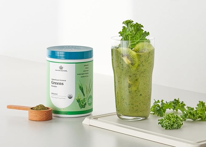 Nature Restore Greens Superfood Powder, USA Grown, Organic Kale, Barley Grass, Wheatgrass, Unsweetened, 8 Ounces, Made in USA