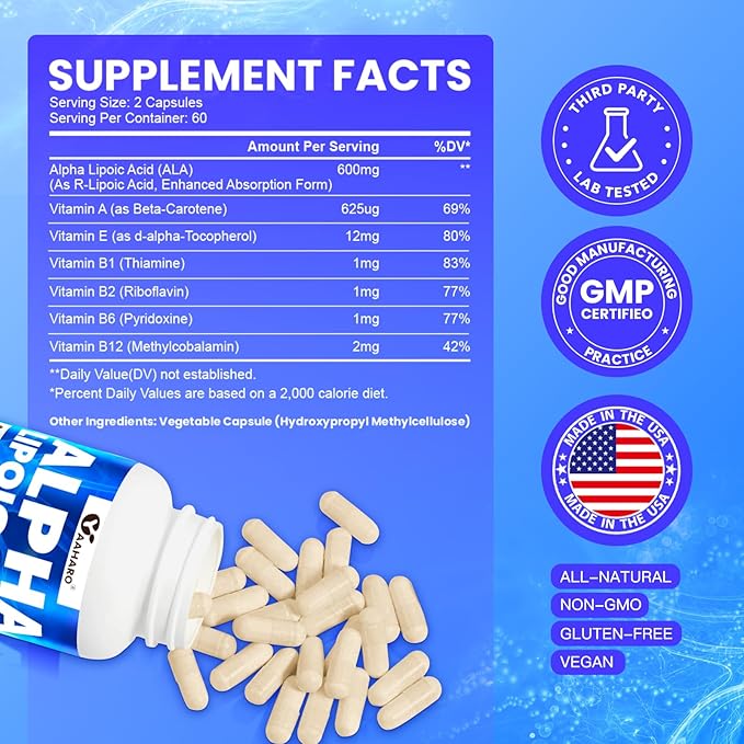 Alpha Lipoic Acid 600mg, ALA Supplement for Energy Boost, Immune Support, Healthy Function, and Enhanced Absorption, R-Alpha Lipoic Acid with Essential Vitamins, 120 Capsules
