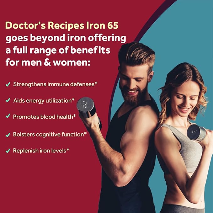 Doctor's Recipes Iron Supplement 65 mg with Vitamin C - Maximized Absorption, Stomach Friendly & High Potency Iron Pills for Red Blood Cells Formation & Immunity Health - Vegan Non-GMO 60 Iron Tablets