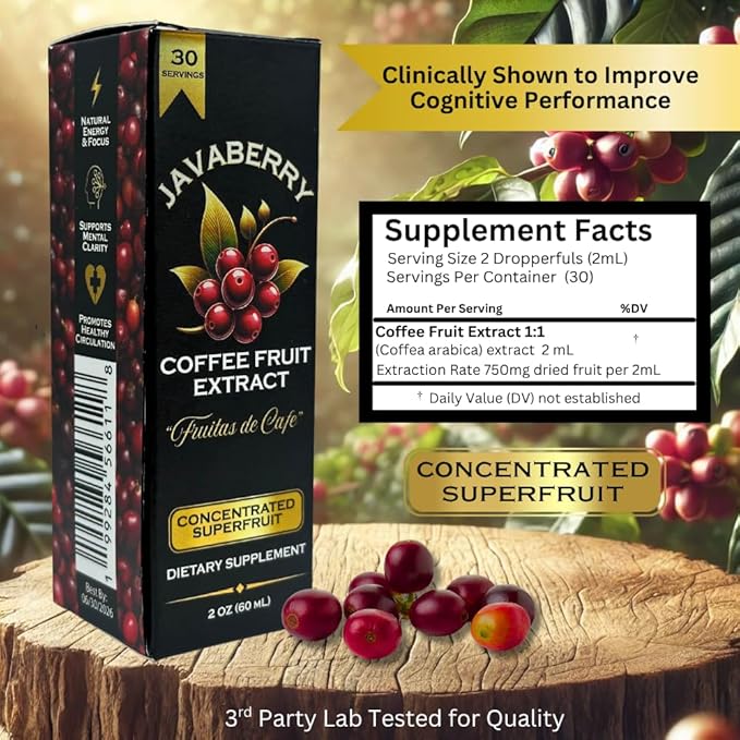 Javaberry Coffee Fruit Extract – Brain Supplement for Focus, Memory & Clarity – Supports BDNF & Mental Energy – Natural Antioxidant Nootropic Liquid with Polyphenols – 60ml (30 Servings)