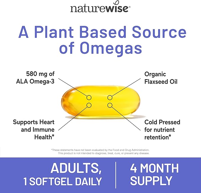 NatureWise Flaxseed Oil 1000 mg, Fish Free Omega 3 with 580 mg ALA, Dietary Supplement for Immune Health Support - Organic, Cold Pressed, Non-GMO - 120 Softgels[120-Day Supply]
