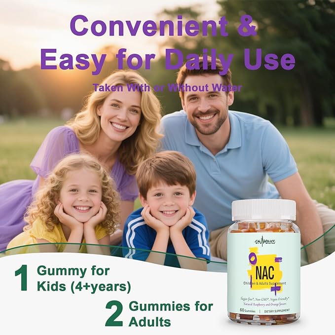 NAC Supplement 1000mg for Adults & 500mg for Kids, N-Acetyl Cysteine Ethyl Ester Gummies, Synergistic Antioxidant, Vegan, Sugar-Free 60 Gummies