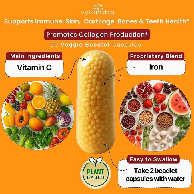 Immune Support Vitamin C – with Iron, Non-GMO, Vegan, Gluten-Free, Slow Release Beadlet Capsules, 90 Count