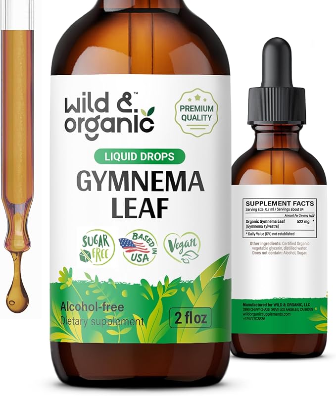 Wild & Organic Gymnema Sylvestre Extract Drops - Sugar-Free Gymnema Supplement for Overall Support - Gurmar Leaf Extract Tincture - Vegan, Alcohol-Free Liquid Drops - 2 fl oz