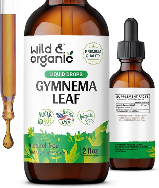 Wild & Organic Gymnema Sylvestre Extract Drops - Sugar-Free Gymnema Supplement for Overall Support - Gurmar Leaf Extract Tincture - Vegan, Alcohol-Free Liquid Drops - 2 fl oz
