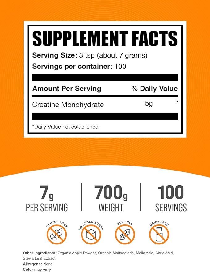 BulkSupplements.com Creatine Monohydrate Powder - Creatine Flavored Powder Supplement, Micronized - Sour Green Apple Flavor, 7g per Serving, 700g (1.5 lbs) (Pack of 1)