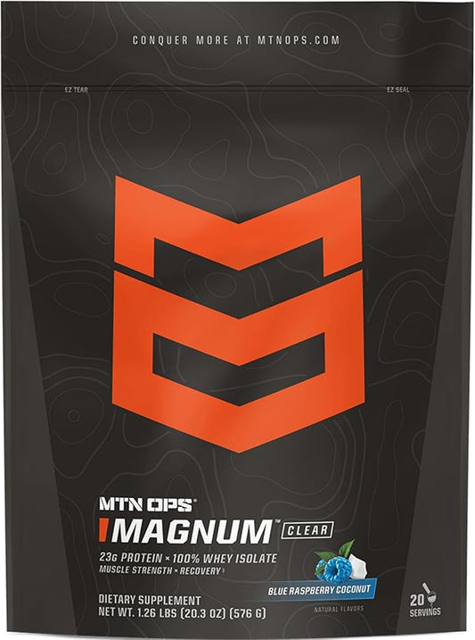 MTN OPS Magnum Clear Protein Powder – 23g 100% Whey Protein Isolate per Serving, Low Carb (<1g), Quick-Digesting, Gluten-Free, Low Lactose, Refreshing Blue Raspberry Coconut, 20 Servings