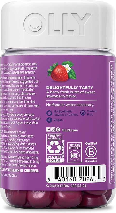 OLLY Max Strength Sleep Gummy, 10mg Melatonin, L-Theanine, Chamomile, Lemon Balm, Sugar Free, Vegetarian Sleep Aid, Strawberry - 70 Count