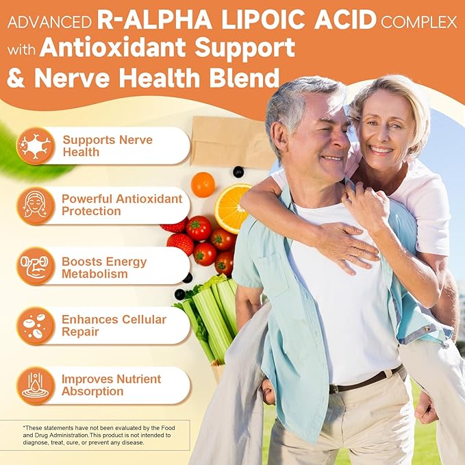 R Alpha Lipoic Acid 1000mg with Benfotiamine - Sodium ALA Supplement for Neuropathy Support Nerve Health & Antioxidant, Cell Energy, Metabolism and Anti-Aging, Non-GMO, Gluten Free, Vegan 120 Counts