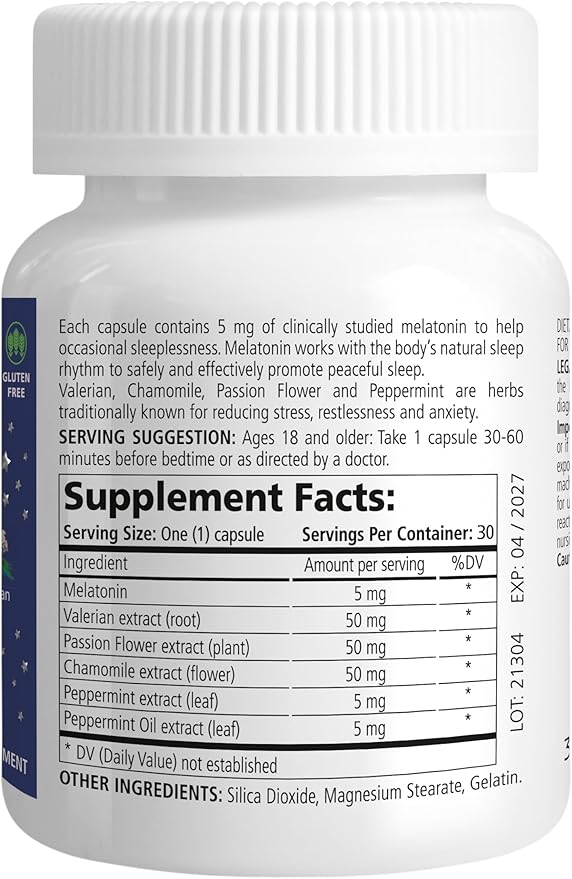 Melatonin Sleep Herbal Blend - Natural Sleep Support for Restful Nights with Melatonin 5mg & Calming Herbs - Drug-Free Dietary Supplement, 30 Capsules, 30-Day Supply