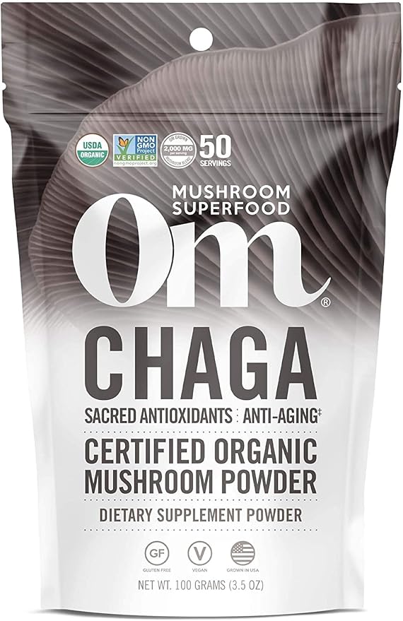 OM MUSHROOM SUPERFOOD Chaga Organic Mushroom Powder, 3.5 Ounce, 50 Servings, US Grown, Sacred Antioxidants & Immune Support, Superfood Mushroom Supplement