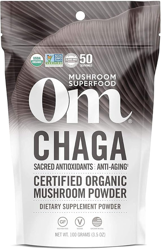 OM MUSHROOM SUPERFOOD Chaga Organic Mushroom Powder, 3.5 Ounce, 50 Servings, US Grown, Sacred Antioxidants & Immune Support, Superfood Mushroom Supplement