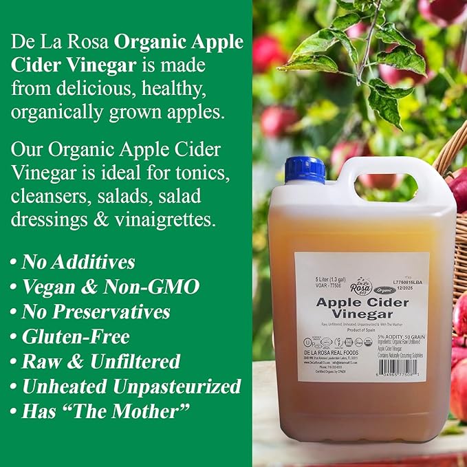 De La Rosa Organic Apple Cider Vinegar, Raw & Unfiltered, Kosher for Passover, Vegan & Gluten Free, Great for Salad Dressing & Marinades, Apple Cider with The Mother, 5 Liter (Pack of 1)