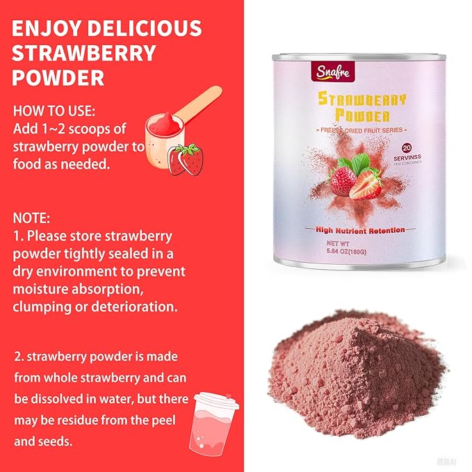 Strawberry Powder, 5.64OZ/160G Freeze Dried Strawberry Powder, No Sugar & Additives, 100% Natural, Freeze Dried Fruit Powd-er for Cakes, Baking, Juice, Cereal, Yogurt, Smoothies